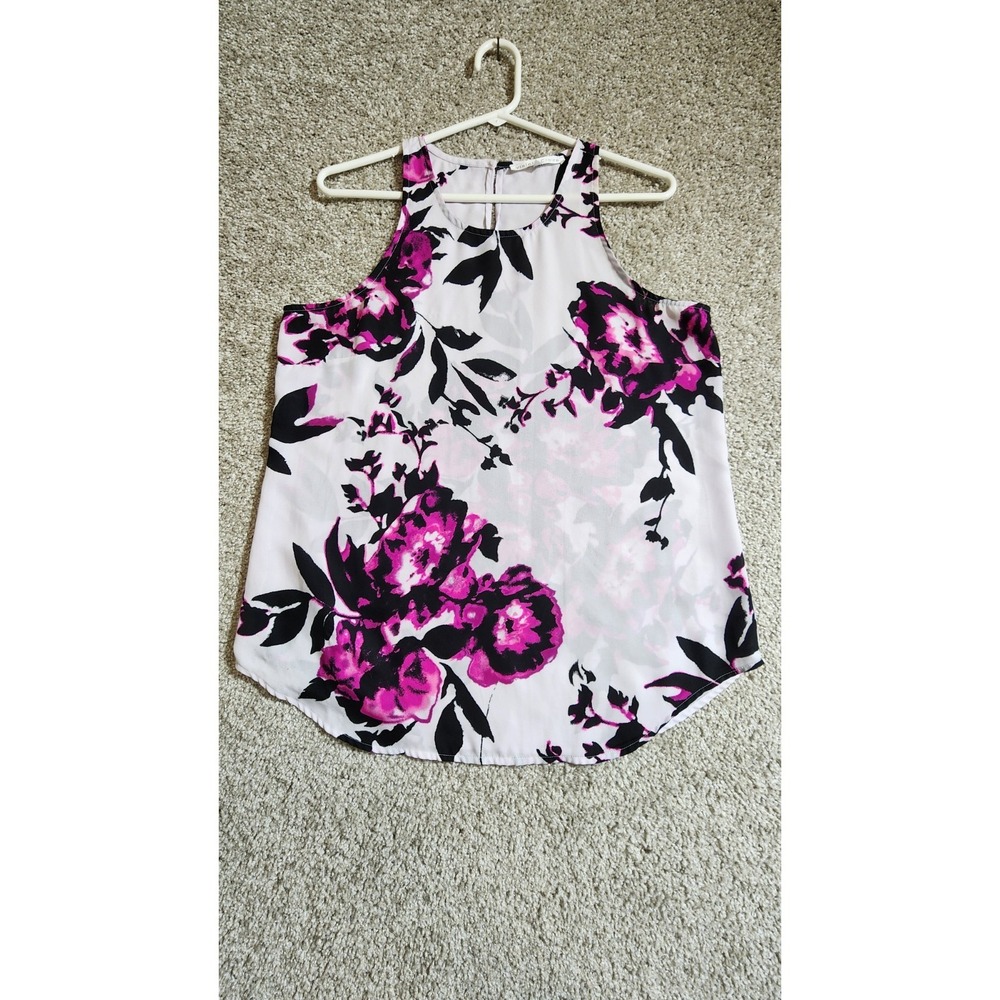 Violet & Claire Floral Sleeveless Blouse White W/ Pink & Black Flowers Size M